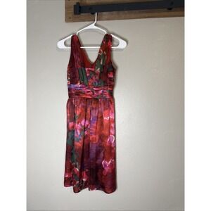 Banana Republic Floral V Neck Ruched Waist Dress Size 00 Red Pink Green Women's